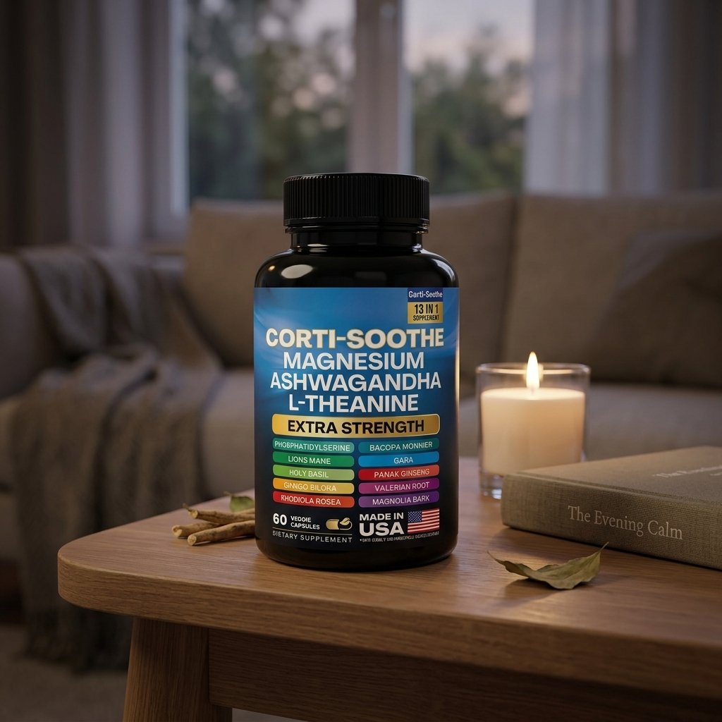 Corti-Soothe 13-in-1 stress support supplement bottle in a calm evening candle scene