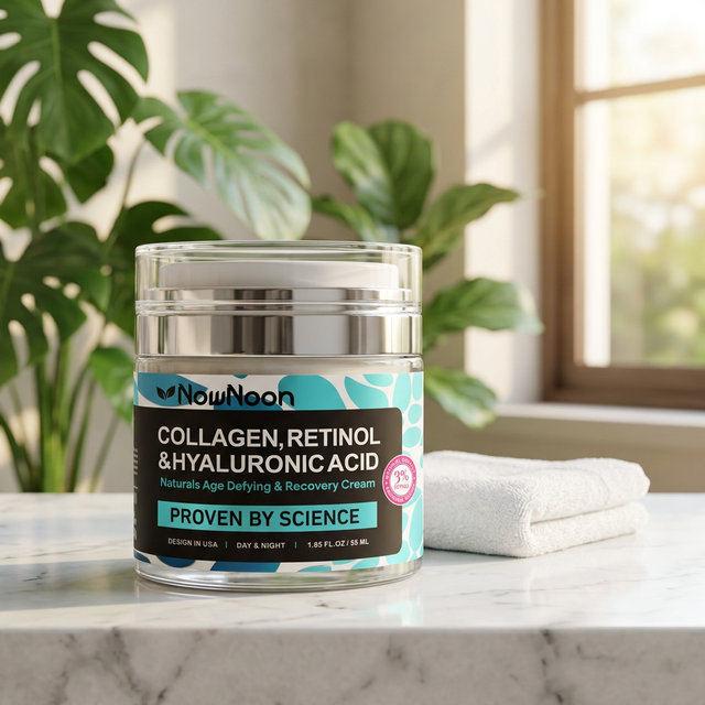 Nownoon collagen retinol hyaluronic acid cream jar on a marble vanity